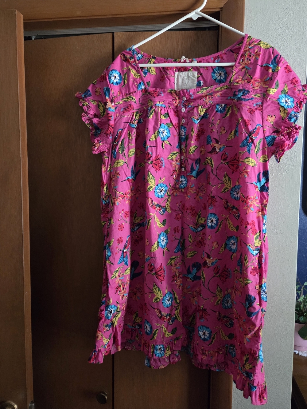 Printfresh Cotton Pintuck Hummingbird Floral Short Sleeve Nightgown W Pockets XL